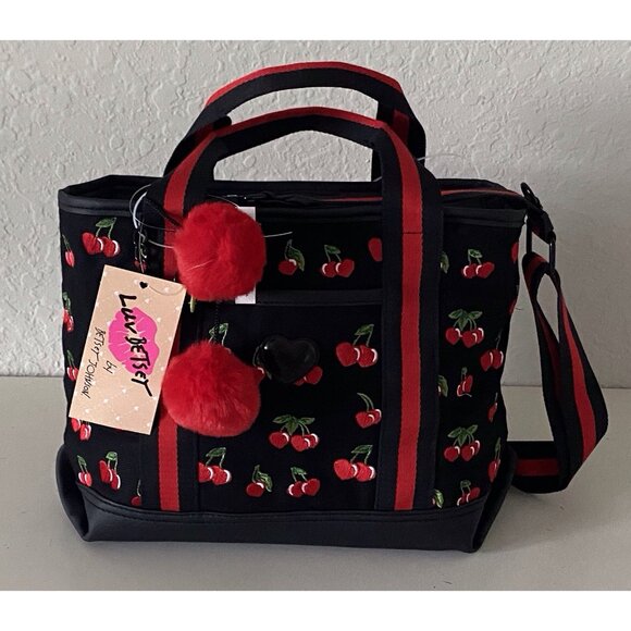 Betsey Johnson LBADIE Cherry Tote Crossbody Tote Bag Black Red W/Charm Viral NEW - Picture 1 of 16